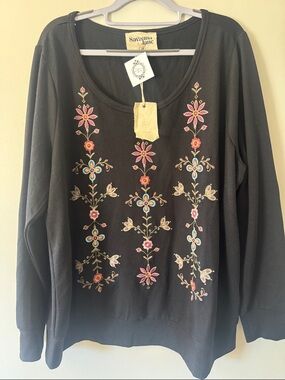 Savagina Jane Black Sweater with Pink & Blue Floral Embroidery